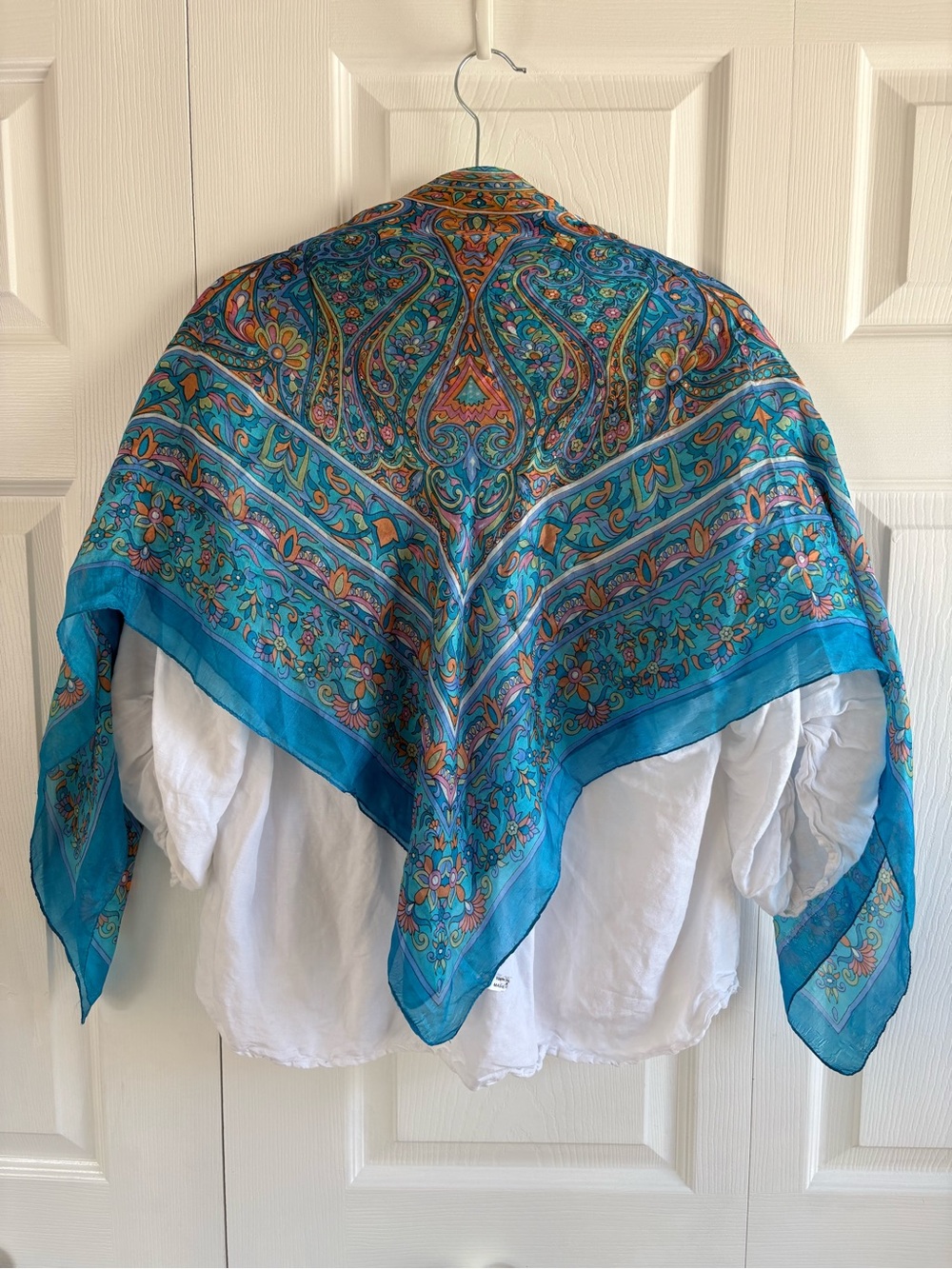 VNTG Silk Scarf Turquoise Blue Orange Square Floral Paisley Academia Career Art